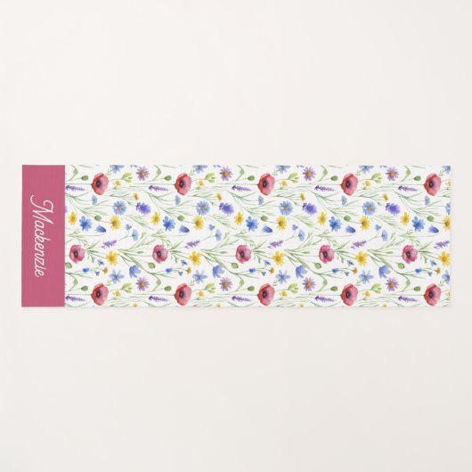 Blue Pink Wildflower Botanical Custom Name  ヨガマット (正面(横))