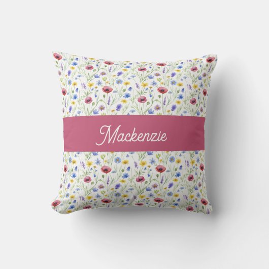 Blue Pink Wildflower Botanical Monogram Name クッション (正面)