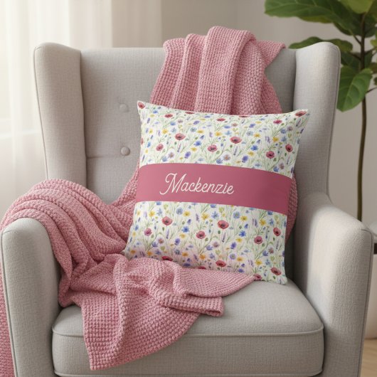 Blue Pink Wildflower Botanical Monogram Name クッション