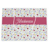 Blue Pink Wildflower Watercolor Monogram Name  ラージペーパーバッグ (正面)