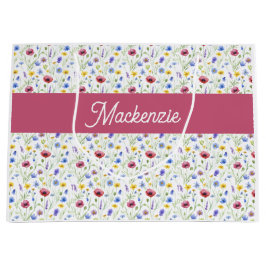 Blue Pink Wildflower Watercolor Monogram Name  ラージペーパーバッグ