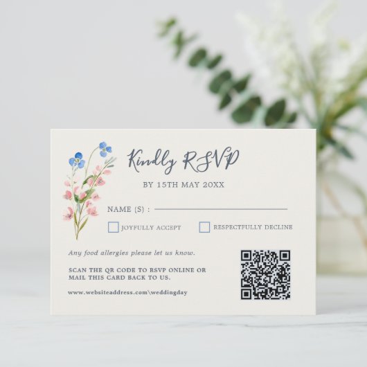 Blue Pink Wildflowers Response Card 出欠カード (スタンド正面)