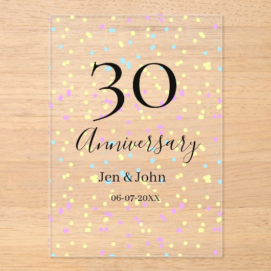 Blue pink yellow polka dots 30th anniversary name  アクリル招待状 (正面)