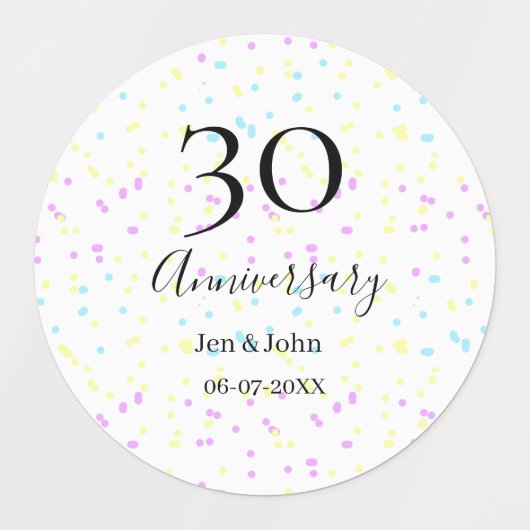 Blue pink yellow polka dots 30th anniversary name  ラベル (デザイン1)