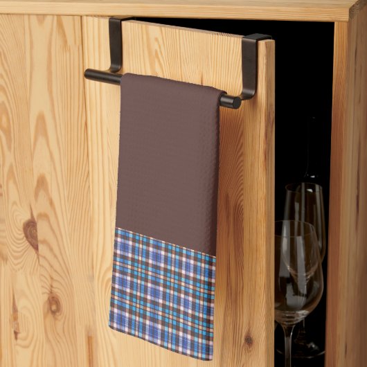 Blue Plaid Borders on Brown キッチンタオル (三つ折り)