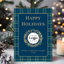 Blue Plaid Business Logo Holiday Thank You Card