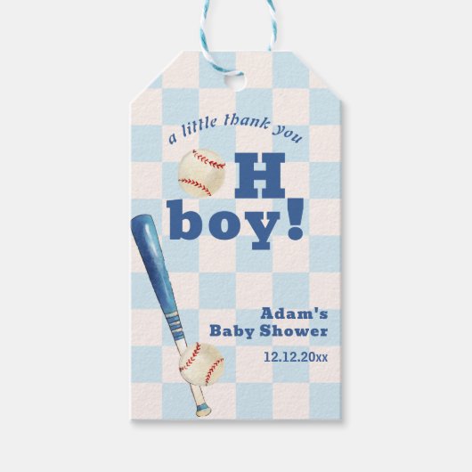 Blue Plaid Little Slugger Baseball Baby Shower  ギフトタグ (正面)