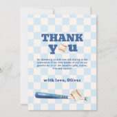 Blue Plaid Little Slugger Baseball Baby Shower  サンキューカード (正面)