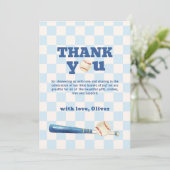 Blue Plaid Little Slugger Baseball Baby Shower  サンキューカード (スタンド正面)
