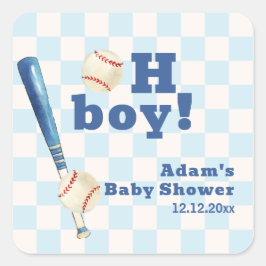 Blue Plaid Little Slugger Baseball Baby Shower  スクエアシール