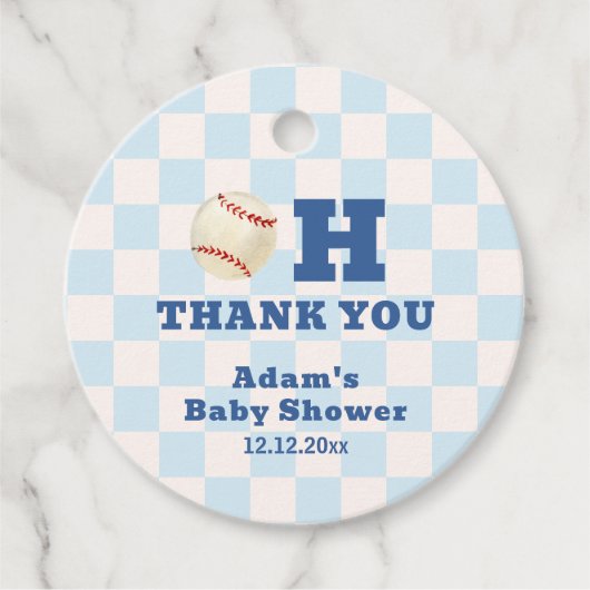 Blue Plaid Little Slugger Baseball Baby Shower フェイバータグ (正面)