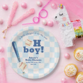 Blue Plaid Little Slugger Baseball Baby Shower  ペーパープレート (パーティー)