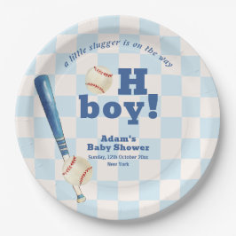 Blue Plaid Little Slugger Baseball Baby Shower  ペーパープレート
