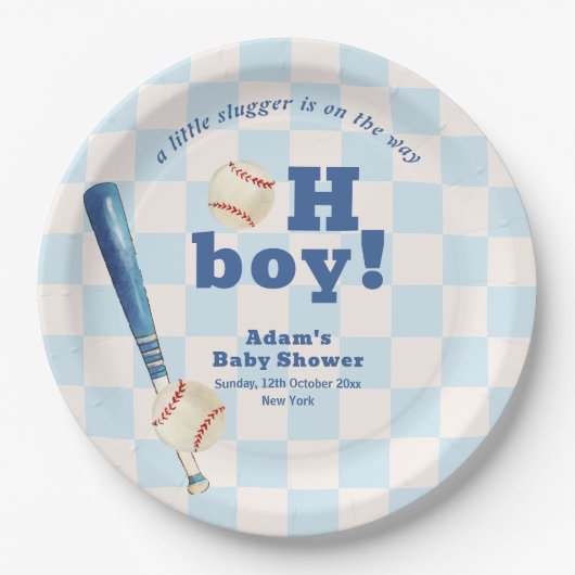 Blue Plaid Little Slugger Baseball Baby Shower  ペーパープレート (正面)