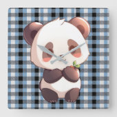 Blue Plaid Panda スクエア壁時計 (正面)