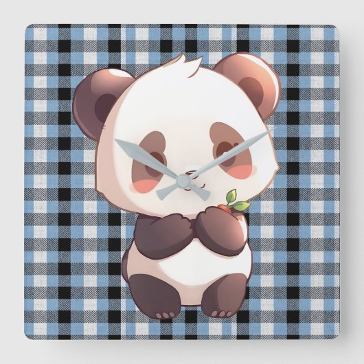 Blue Plaid Panda スクエア壁時計 (正面)