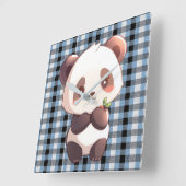 Blue Plaid Panda スクエア壁時計 (傾斜)