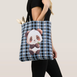 Blue Plaid Panda トートバッグ