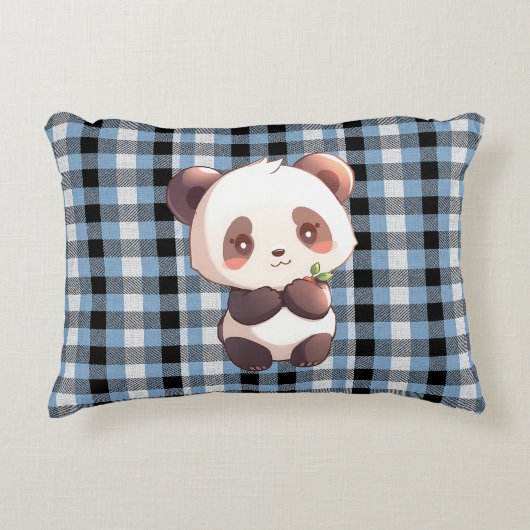 Blue Plaid Panda Accent Pillow アクセントクッション (正面)