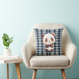 Blue Plaid Panda Throw Pillow クッション
