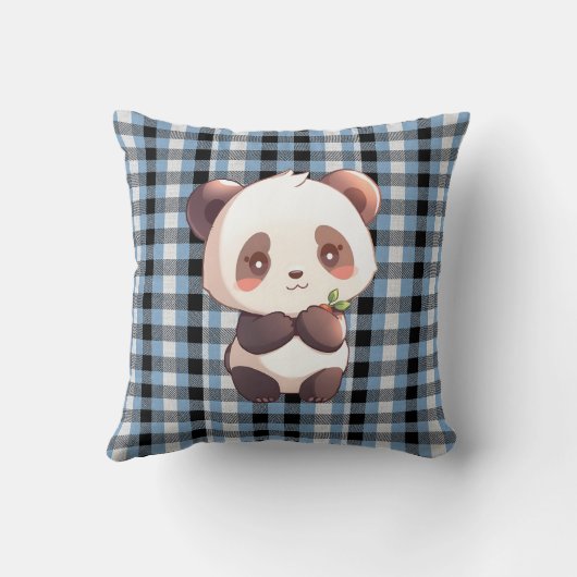 Blue Plaid Panda Throw Pillow クッション (裏面)