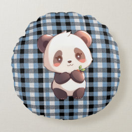 Blue Plaid Panda Throw Pillow ラウンドクッション