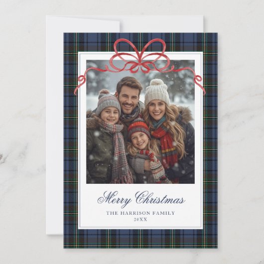 Blue Plaid Red Bow Photo シーズンカード (正面)