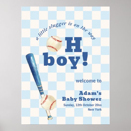 Blue Plaid Slugger Baseball Baby Shower Welcome ポスター (正面)