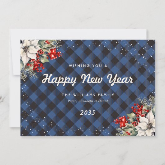 Blue Plaid Snow Botanical New Year Card シーズンカード (正面)