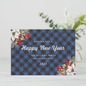 Blue Plaid Snow Botanical New Year Card シーズンカード (スタンド正面)