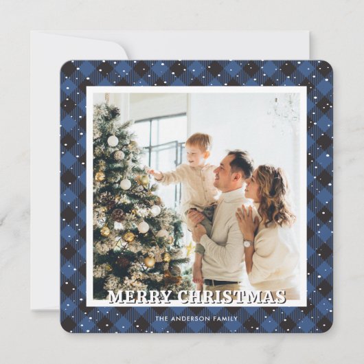 Blue Plaid Snow Photo Merry Christmas Card シーズンカード (正面)