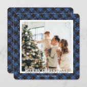 Blue Plaid Snow Photo Merry Christmas Card シーズンカード (正面/裏面)