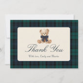 Blue Plaid Teddy Bear Baby Shower Thank You Card サンキューカード (正面)