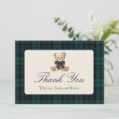 Blue Plaid Teddy Bear Baby Shower Thank You Card サンキューカード (スタンド正面)