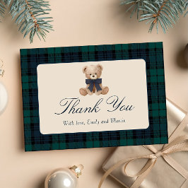 Blue Plaid Teddy Bear Baby Shower Thank You Card サンキューカード