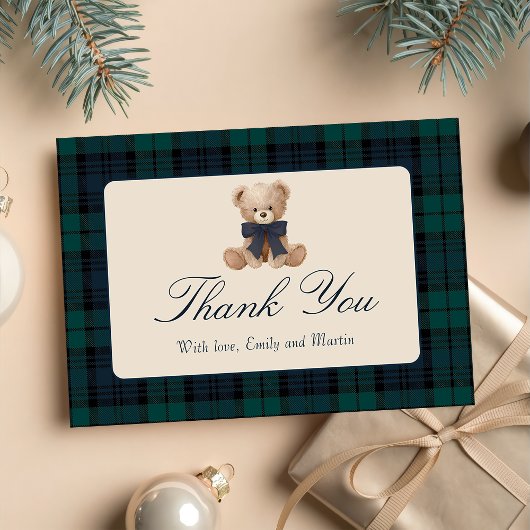 Blue Plaid Teddy Bear Baby Shower Thank You Card サンキューカード