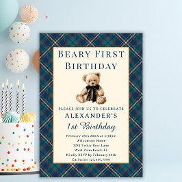 Blue Plaid Vintage Beary First Boy 1st Birthday 招待状