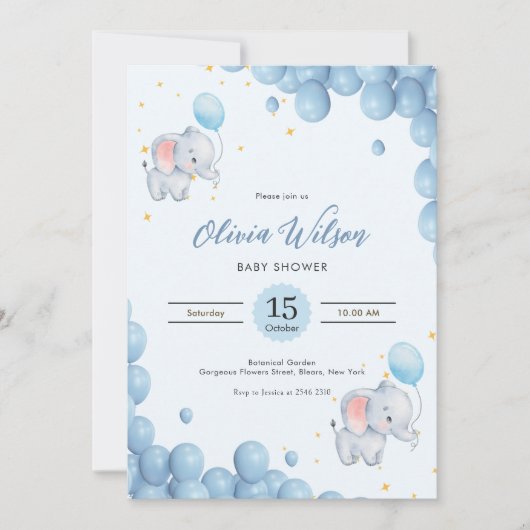 Blue Playful Elephants 招待状 (正面)