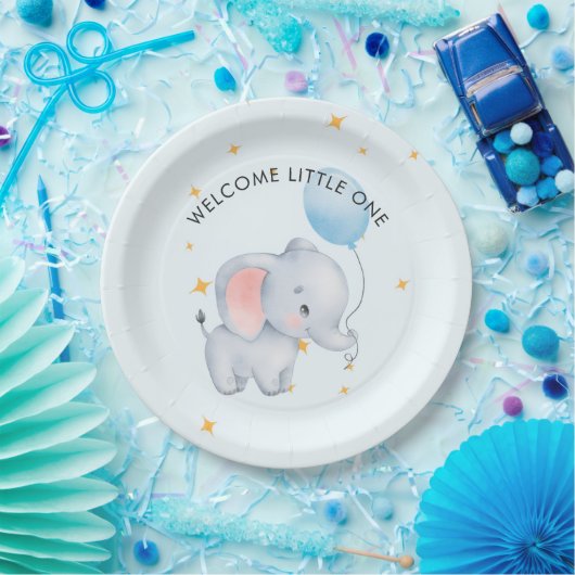 Blue Playful Elephants Baby Shower ペーパープレート (パーティー)