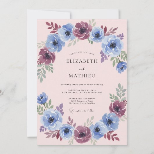 Blue Plum Painterly Flourish Wedding 招待状 (正面)