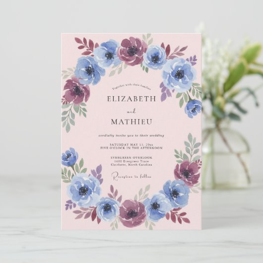 Blue Plum Painterly Flourish Wedding 招待状 (スタンド正面)
