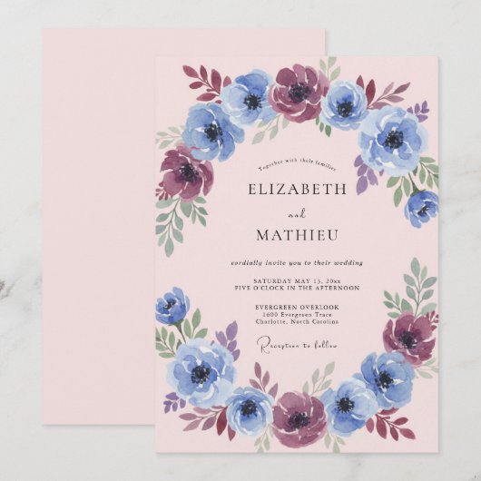 Blue Plum Painterly Flourish Wedding 招待状 (正面/裏面)