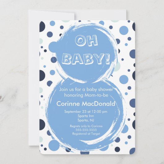 Blue polka dot Baby Shower Invitation 招待状 (正面)