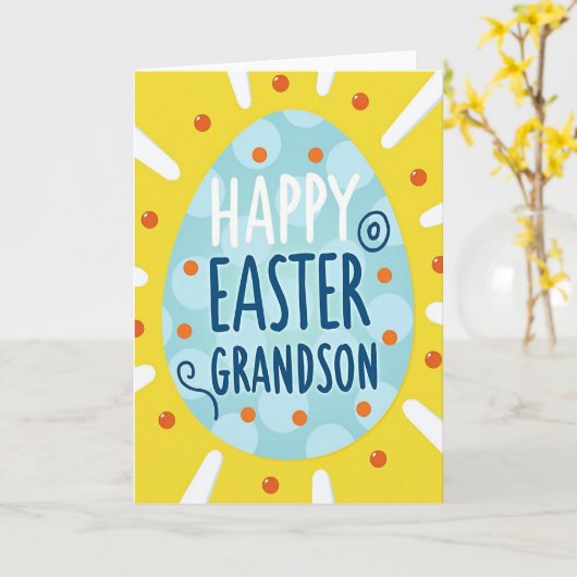 Blue Polka Dot Grandson Easter Card カード (黄色い花)