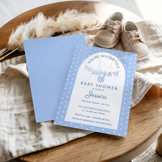 Blue Polka Dots Hanging Clothes Baby Shower 招待状