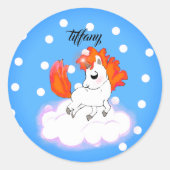 blue polka dots Happiness magic unicorn ラウンドシール (正面)