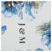 Blue Poppies Floral Wedding Fabric with Monogram ファブリック (見本)