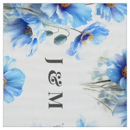 Blue Poppies Floral Wedding Fabric with Monogram ファブリック