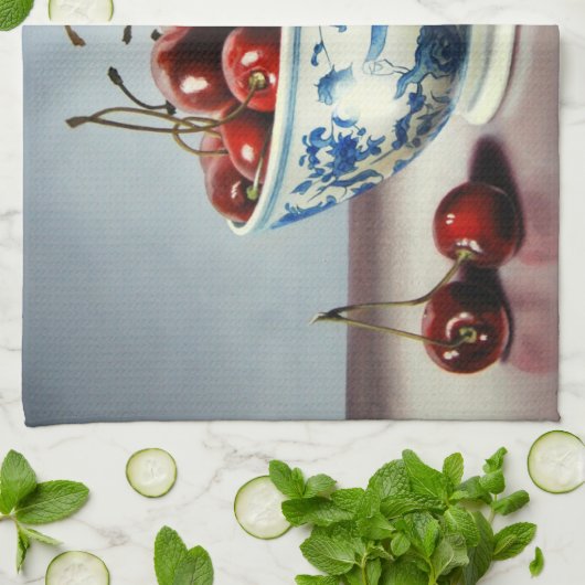 Blue Porcelain & Cherries キッチンタオル (折り畳み)