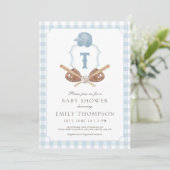 Blue Preppy Baseball Crest Baby Shower Invitation サンキューカード (スタンド正面)